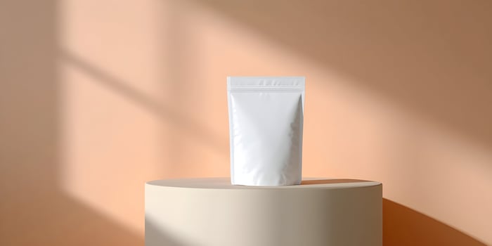 Blank White Stand Up Pouch on Beige Cylinder Minimal Product Packaging Mockup photo