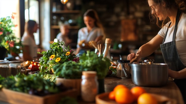 Culinary gathering in a rustic kitchen with fresh ingredients being prepared for a delicious meal photo