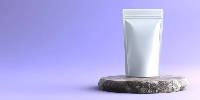 Blank White Stand Up Pouch on Marble Pedestal Purple Background Product Packaging Mockup photo