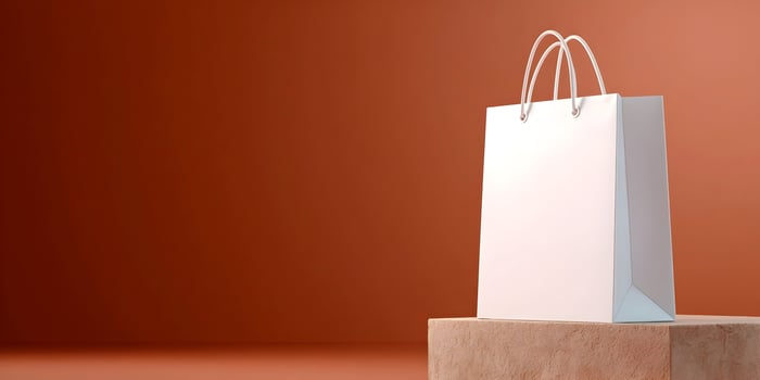 Blank White Shopping Bag on Brown Platform Minimalist Product Mockup photo