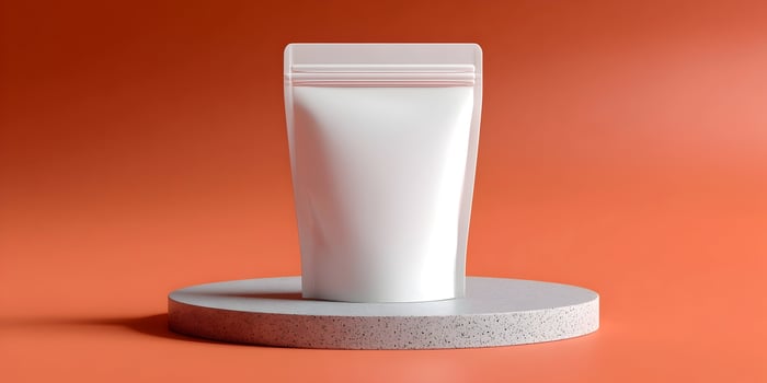 White Stand Up Pouch Mockup on Terrazzo Podium Orange Background photo