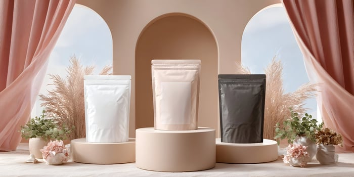 Three Blank Pouches Mockup Beige Pink Black White Packaging Design Product Branding photo