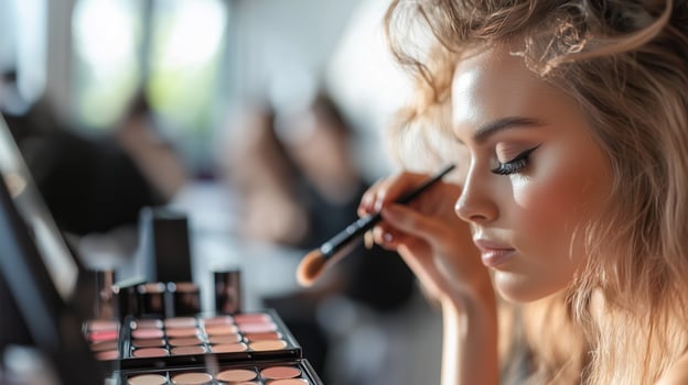 Professional makeup artist applying makeup to a model in a bright studio setting during a photoshoot photo