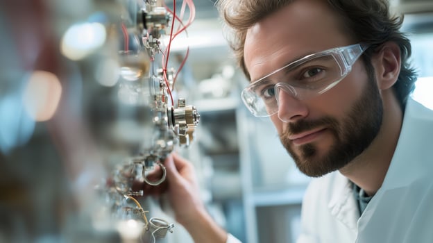Scientist conducting research in a laboratory while examining complex equipment and systems in a modern scientific setting photo
