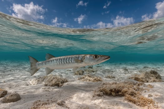 dynamic underwater portrait of barracuda positioned on left side of frame its elegance and power photo
