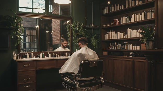Barbershop interior with a customer receiving a haircut in a vintage-style setting photo