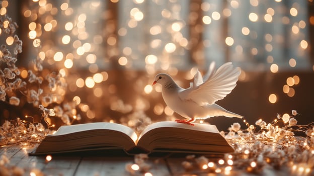 Dove perched on an open book surrounded by glowing lights and soft decorations in a warm setting photo