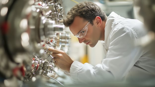 Scientist working on advanced equipment in a research laboratory during the day photo