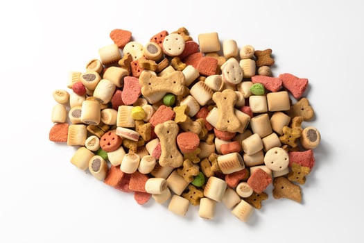 Dry dog food. Biscuit bones and crunchy organic kibble pieces for dog feed photo