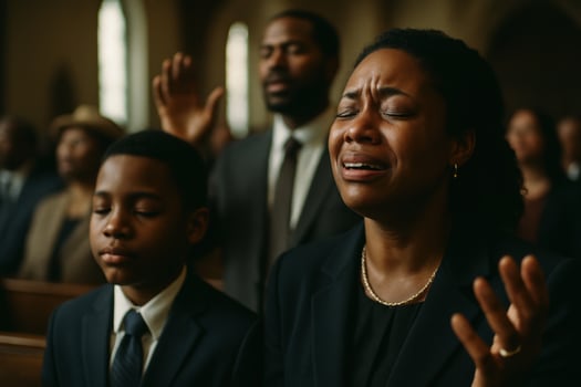 Emotional black woman crying and worshipping in a church service photo