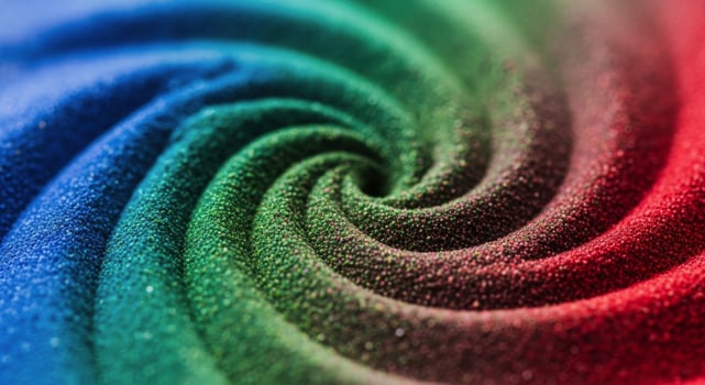 Vibrant swirling vortex of colorful sand grains with blue green red gradient photo