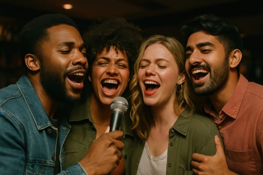 Diverse group of friends joyfully singing karaoke together at a lively bar night photo