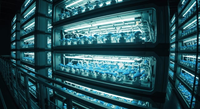 Futuristic vertical farm with bioluminescent blue mushrooms growing in controlled environment photo