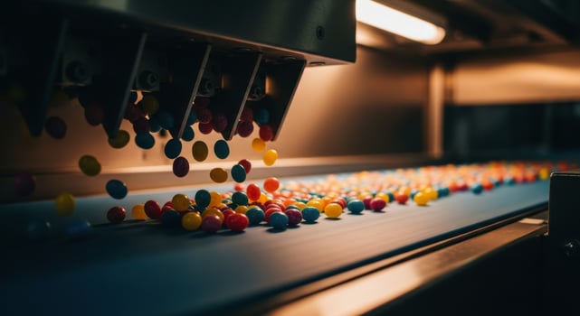 Brightly colored candies meticulously dropping from automated dispenser onto conveyor belt photo