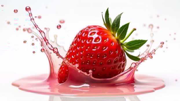 Isolated ripe strawberry splashes into pink liquid, emphasizing freshness and juiciness. Useful for food, beverage, and healthy lifestyle concepts. photo