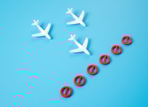 The planes hit a wall of prohibitory signs. No overflight, air restrictions. No-fly zone. Geopolitical tension, military zones, airspace closures, or sanctions. photo