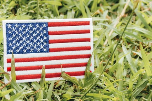 Horizontal eco friendly USA flag crafted from fabric and thread, placed on grass under warm natural light. Surrounded by leaves, symbolizing Earth Day and climate harmony in North America. photo