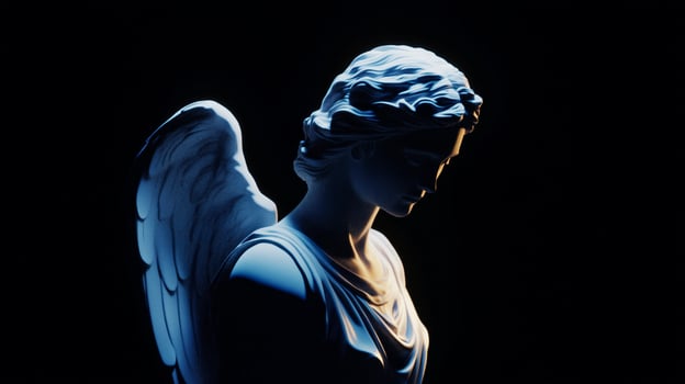 An angel statue is shown in a dark room photo