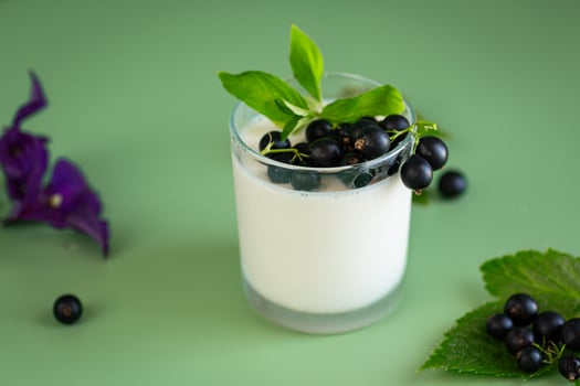 Summer dessert of blackcurrant and yogurt in a transparent bowl photo