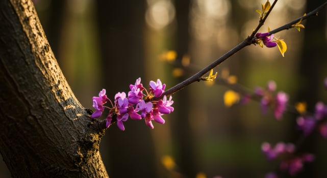 Pink judas tree blossoms bathe in warm sunlight as spring breathes new life into the natural world photo