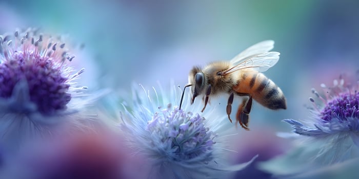 Honeybee Pollinating Purple Flowers Soft Blue Background photo