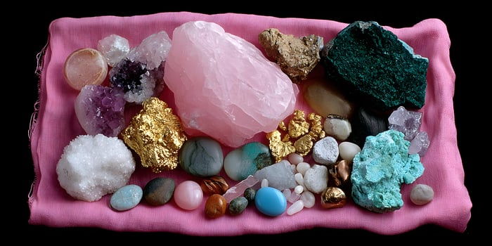 Pink Rose Quartz Gold Nuggets Amethyst Turquoise Gemstones Mineral Collection on Pink Fabric photo