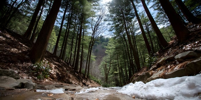 Forest Creek Snow Melting Spring Landscape Tall Trees photo