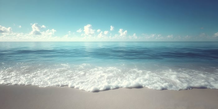 Ocean waves crashing onto a sandy beach under summer skies photo