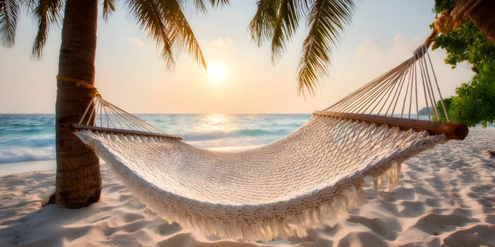 Tropical Beach Hammock Sunset Idyllic Relaxation Summer Vacation Paradise Island Scene photo
