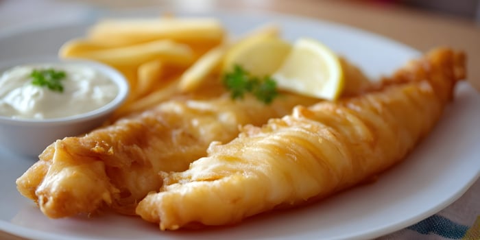 CBritish style fish and chips with mushy peas and tartar dressing photo