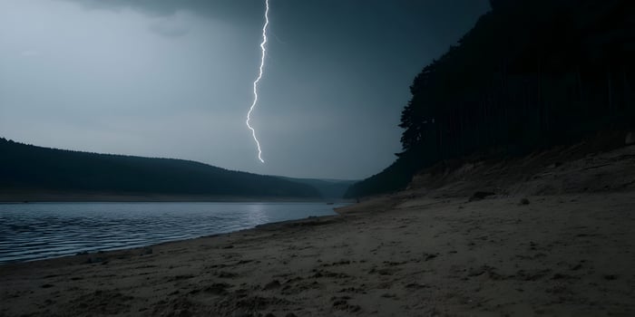 Lightning Strike over Lake and Forest Dramatic Nature Scene photo