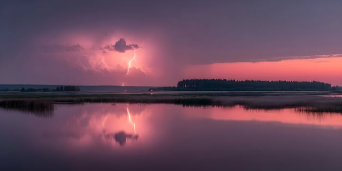 Pink Lightning Strike over Calm Lake at Sunset Dramatic Sky Nature Landscape photo