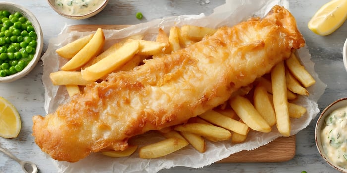 Golden battered fish paired with fries peas and tartar dip photo