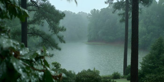 Heavy Rain Over Lake Surrounded by Lush Green Forest photo