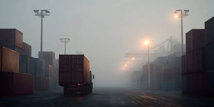 Cargo Truck at Industrial Port in Foggy Morning Sunrise photo