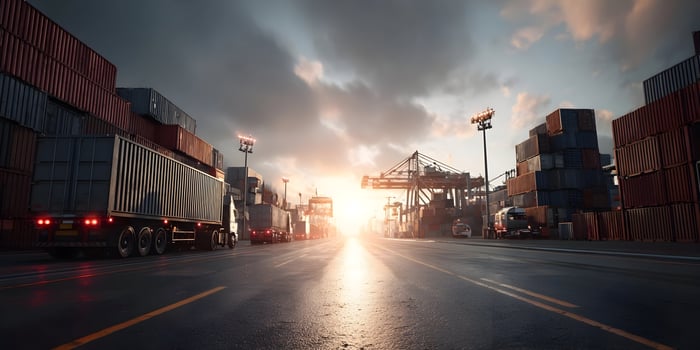 Sunset at Cargo Port Container Trucks Shipping Logistics photo