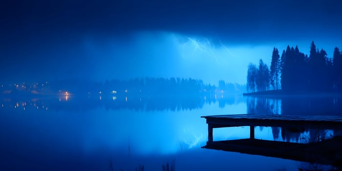 Night Lake Scene with Lightning Strike Wooden Dock Calm Water Dark Trees photo