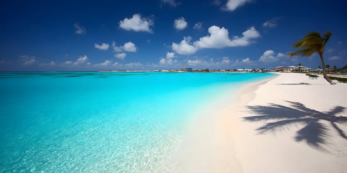 Turquoise Water Beach Scene Palm Tree Shadow White Sand Coastline Resort Buildings photo