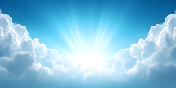 Bright Sunlight Rays Shining Through Clouds Heavenly Light Blue Sky Background photo