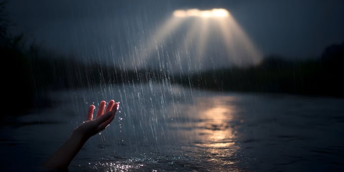 Hand Reaching Out In Rain Dramatic Night Scene Water Dark Sky photo