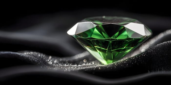 Brilliant Green Emerald Gemstone on Black Fabric Luxurious Diamond Jewel Closeup photo