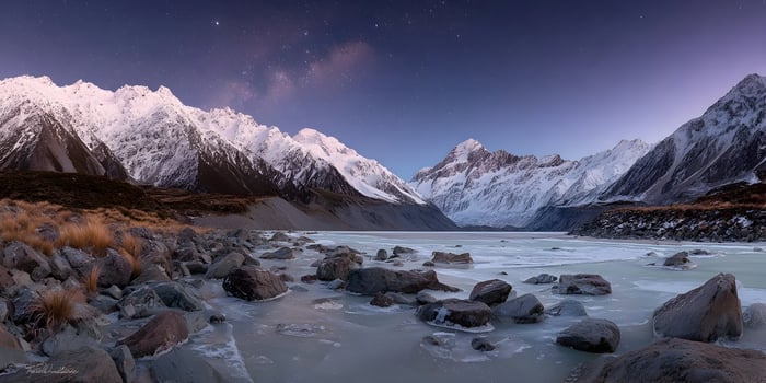 Snowy Mountains Lake Night Sky Stars Milky Way Landscape photo