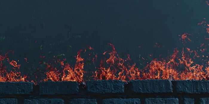 Fiery Flames Burning Atop Dark Brick Wall Night Scene photo
