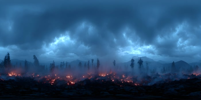 Night Forest Fire Landscape Burning Trees Dark Smoky Sky Mountains Background photo
