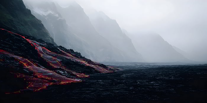Volcanic Lava Flowing Down Mountainside into Ocean Foggy Landscape photo