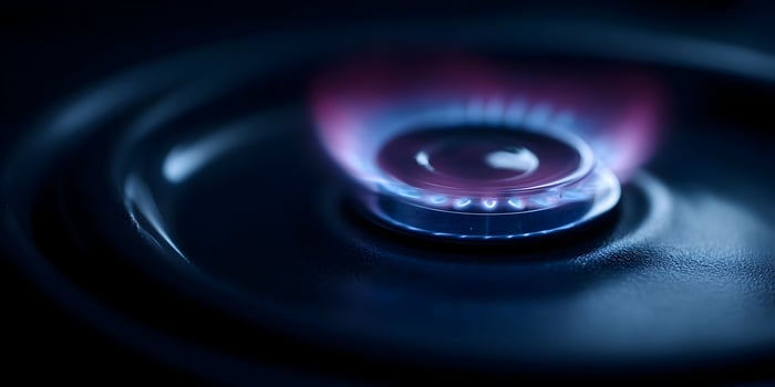 Closeup Gas Stove Burner Blue Flame Cooking Energy photo