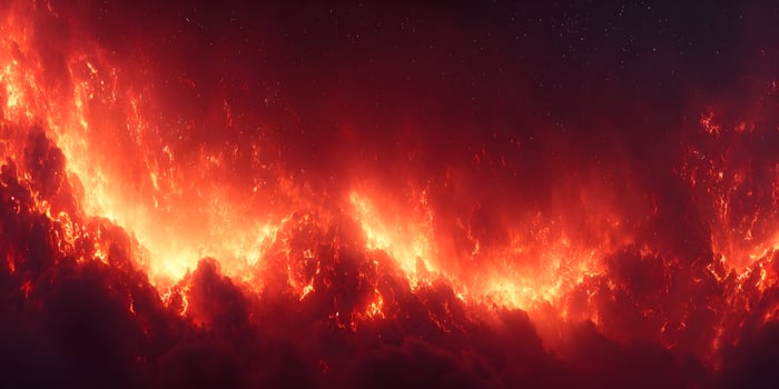 Fiery Volcanic Eruption Night Sky Lava Flow Inferno Red Orange photo