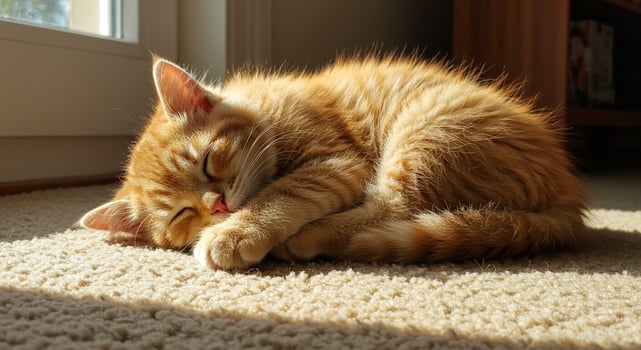 Golden Kitten Napping Peacefully in Warm Sunlight on Carpet photo
