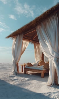 Tranquil Beachside Cabana with Flowing White Curtains and Plush Pillows in Paradise View photo