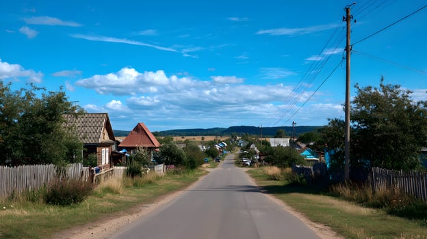 Picturesque rural landscape with country road cottages and vibrant sky peaceful idyllic village photo